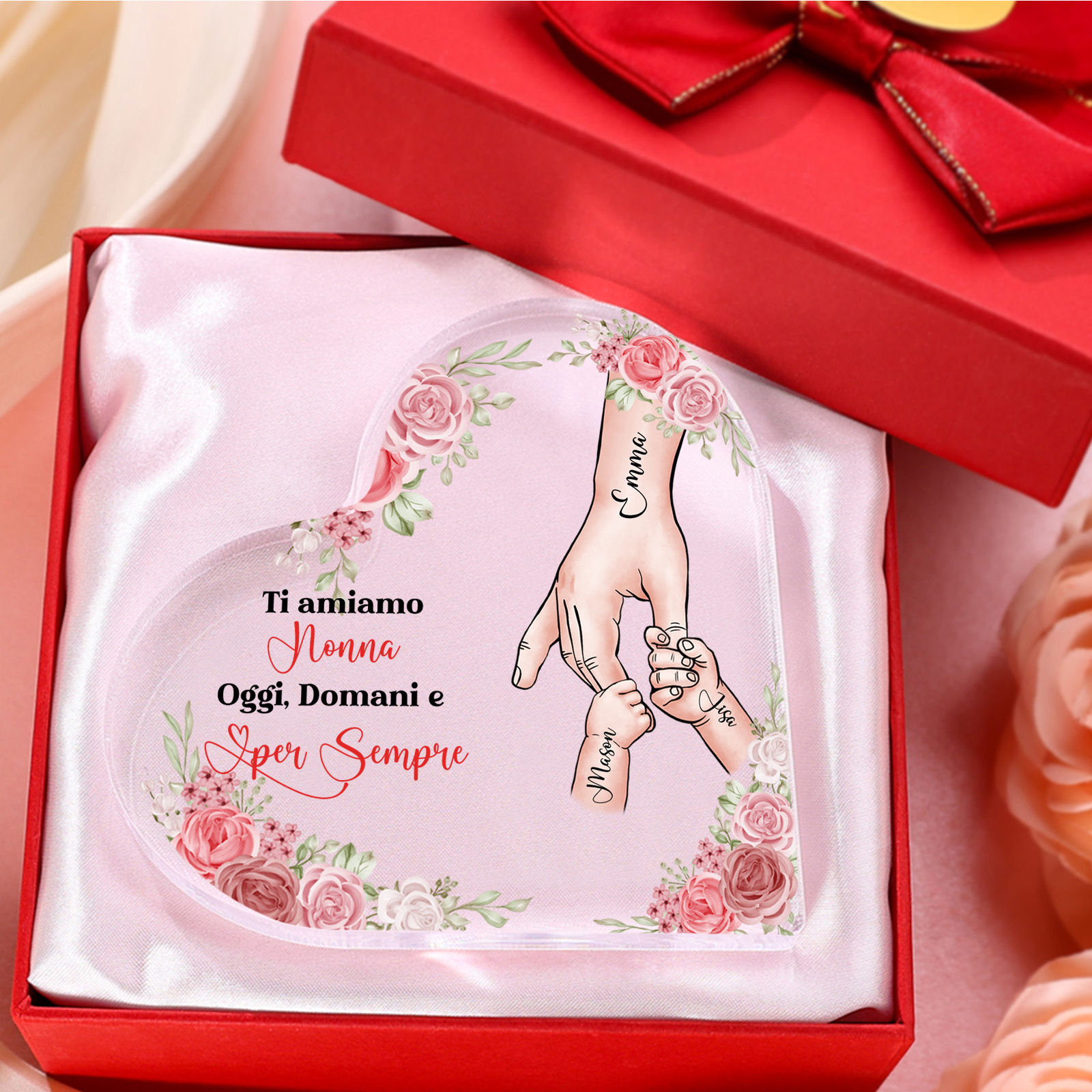 Decorazione Acrilica a Forma di Cuore Mano nella Mano Personalizzata – 3 Nomi e Testo per Nonna o Mamma | Jessemade