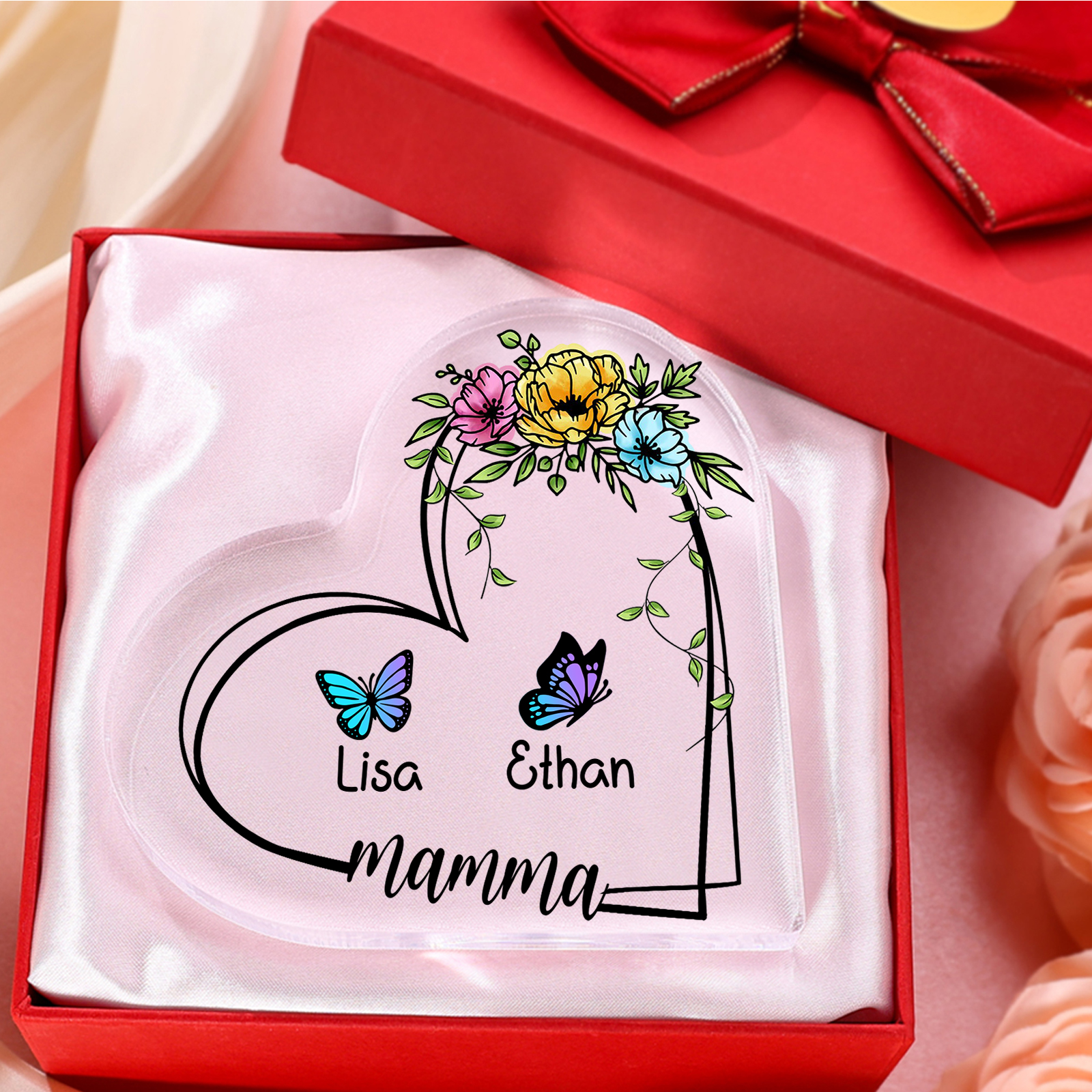 Decorazione Acrilica a Forma di Cuore Personalizzata con Farfalla – 2 Nomi e Testo per Nonna o Mamma | Jessemade