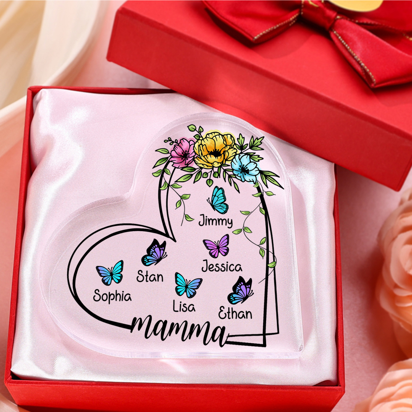Decorazione Acrilica a Forma di Cuore Personalizzata con Farfalla – 6 Nomi e Testo per Nonna o Mamma | Jessemade