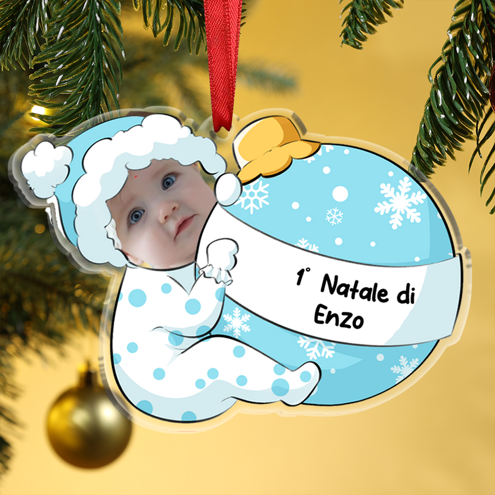1° Natale-Portachiavi/Pendente acrilico con foto e nome personalizzati regalo per bambini