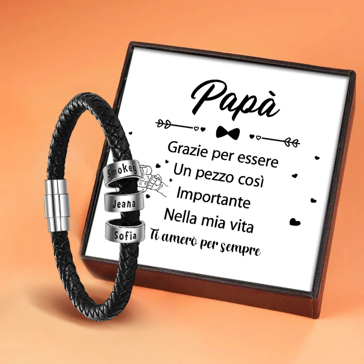 Braccialetto in pelle intrecciata Braccialetto maschile di nome personalizzato con 3 perline