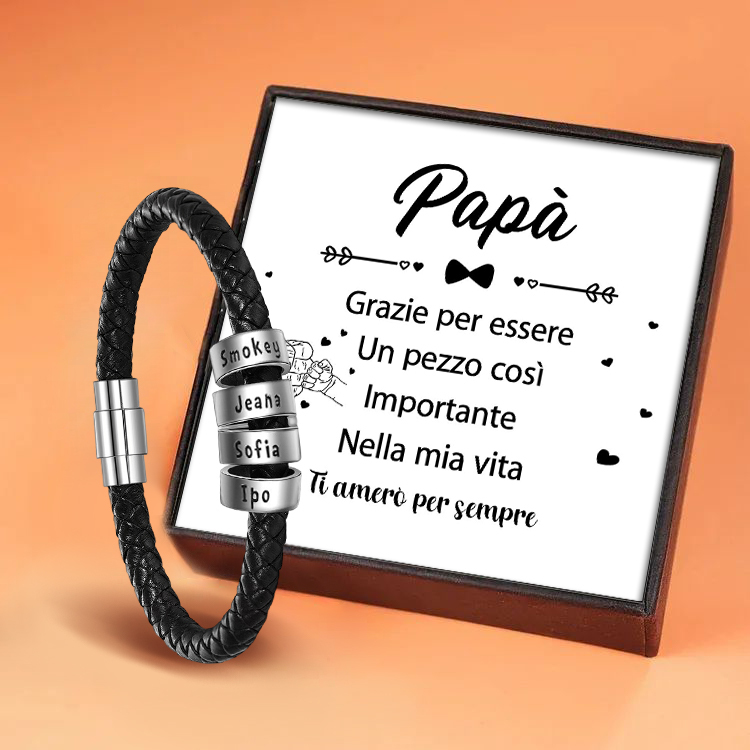 Braccialetto in pelle intrecciata Braccialetto maschile di nome personalizzato con 4 perline
