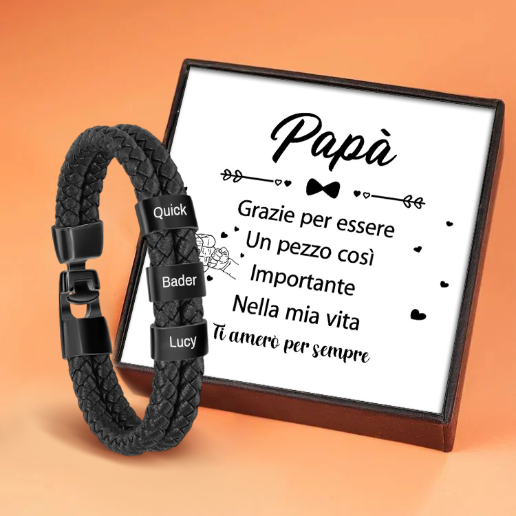 Jessemade IT A MIO PAPÀ-Braccialetto di pelle intrecciatta con 3 nomi personalizzati di perline regalo per la festa del papà