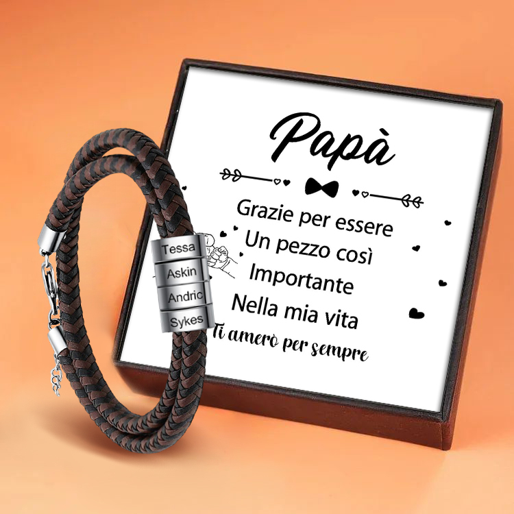 Braccialetto maschile in pelle intrecciata 4 nomi personalizzati