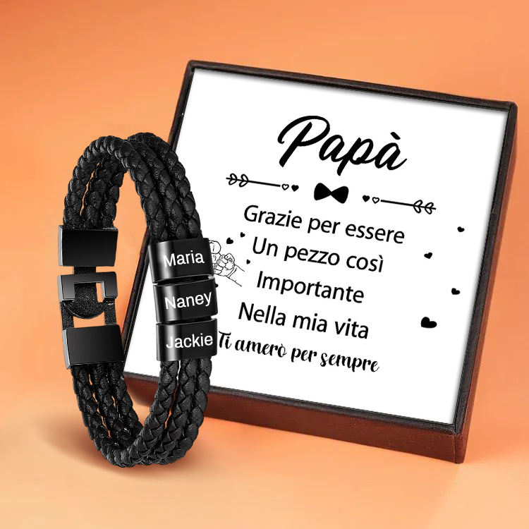 Braccialetto da uomo in pelle intrecciata 3 nomi Braccialetto maschile personalizzato per papà nonno