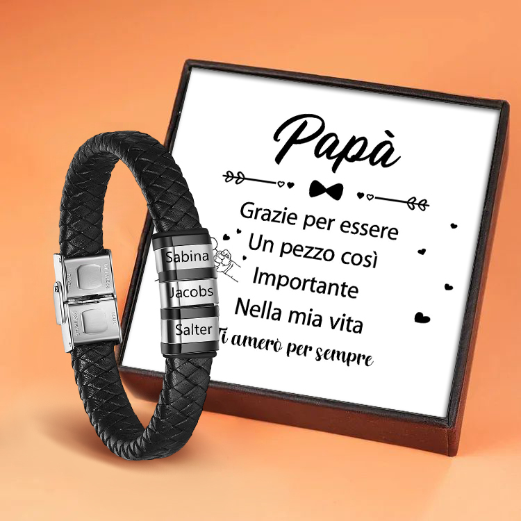 Braccialetto in pelle intrecciata Bracciale maschile con 3 perline e 3 nomi personalizzati