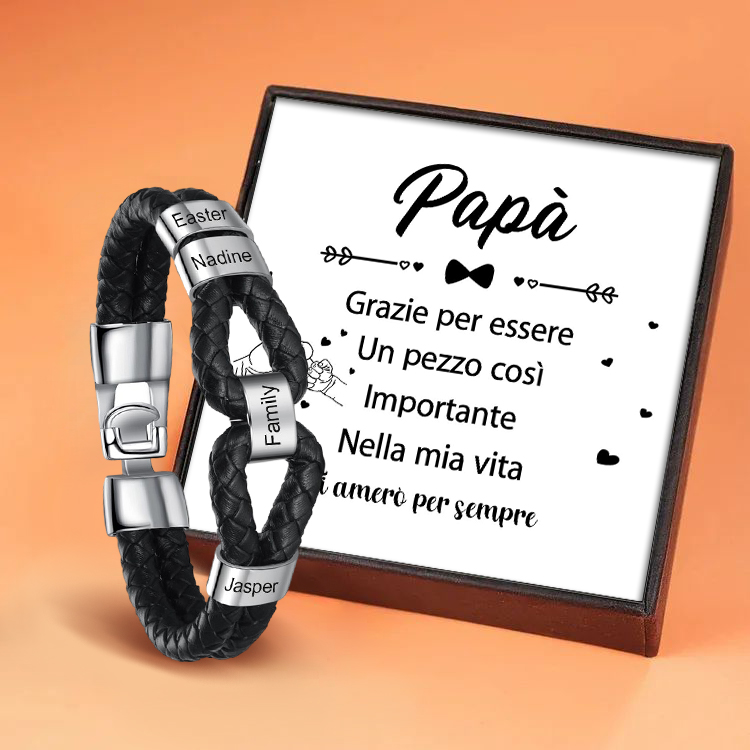 Braccialetto maschile in pelle intrecciata 4 nomi personalizzati