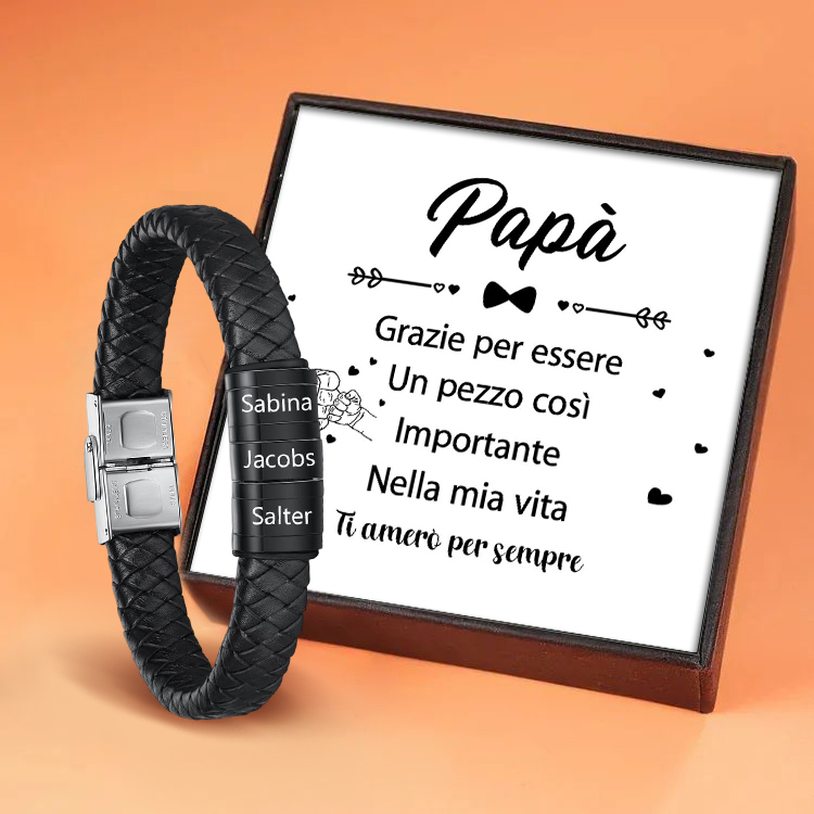 Jessemade IT Braccialetto in pelle intrecciata Bracciale maschile con 3 perline e 3 nomi personalizzati