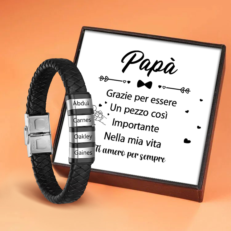 Braccialetto in pelle intrecciata Bracciale maschile con 4 perline e 4 nomi personalizzati