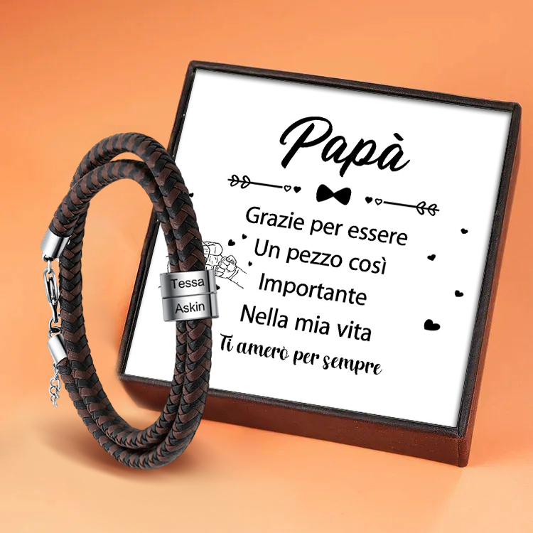 Braccialetto maschile in pelle intrecciata 2 nomi personalizzati