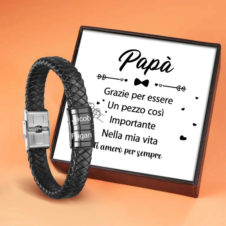 A MIO PAPÀ - Braccialetto in pelle intrecciata Bracciale maschile con 2 perline e 2 nomi personalizzati
