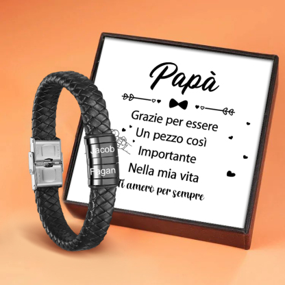 A MIO PAPÀ - Braccialetto in pelle intrecciata Bracciale maschile con 2 perline e 2 nomi personalizzati