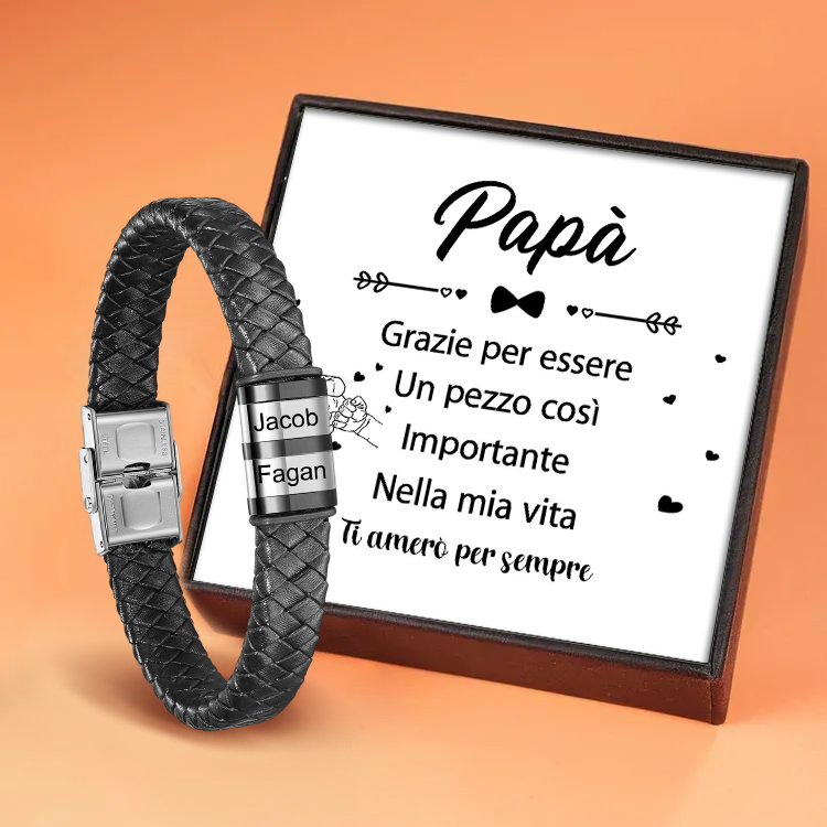 A MIO PAPÀ - Braccialetto in pelle intrecciata Bracciale maschile con 2 perline e 2 nomi personalizzati