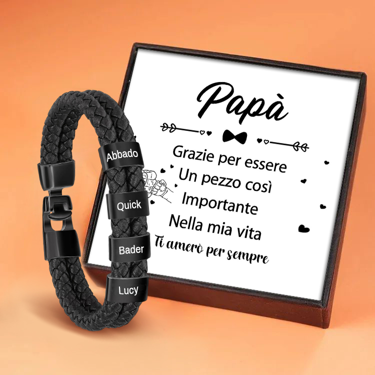 Braccialetto maschile in pelle con 4 nomi personalizzati