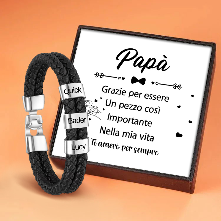 A MIO PAPÀ-Braccialetto di pelle intrecciatta con 3 nomi personalizzati di perline regalo per la festa del papà
