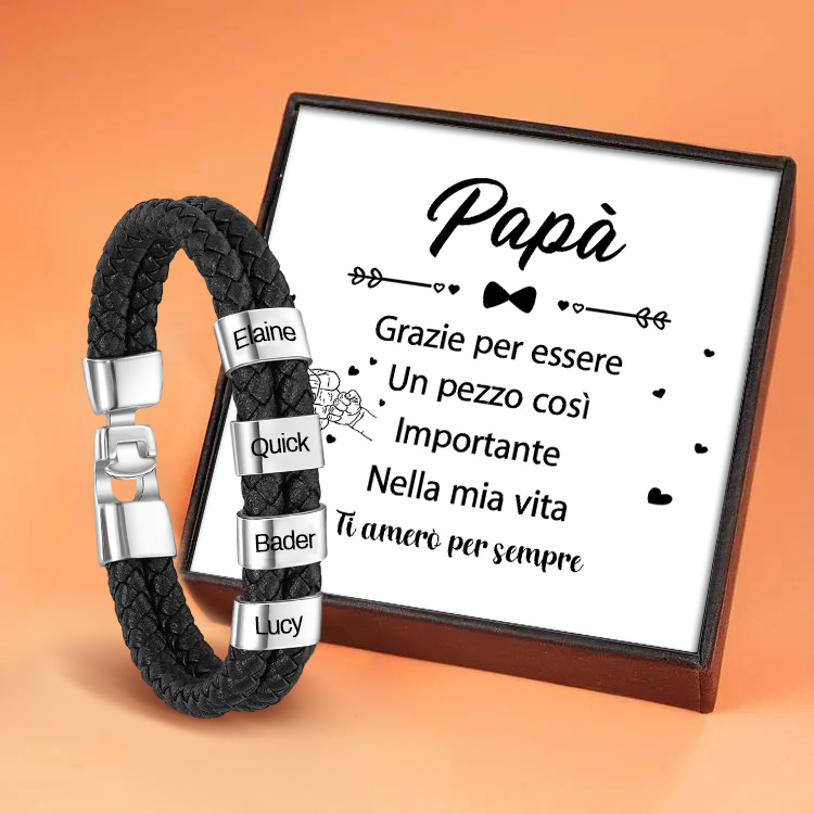 Braccialetto maschile in pelle con 4 nomi personalizzati
