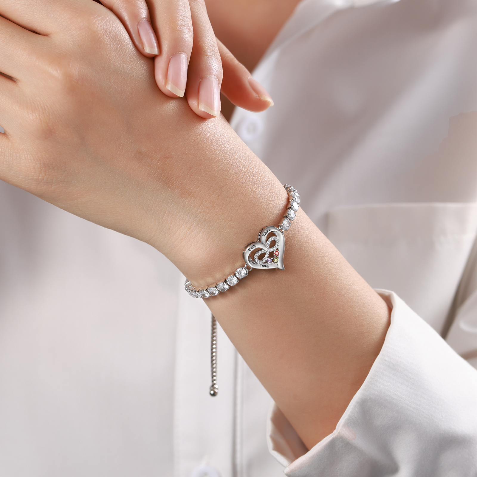 Bracciale da tennis personalizzato con cuore infinito, nomi e pietre di nascita, regolabile con zirconi, regalo per donna