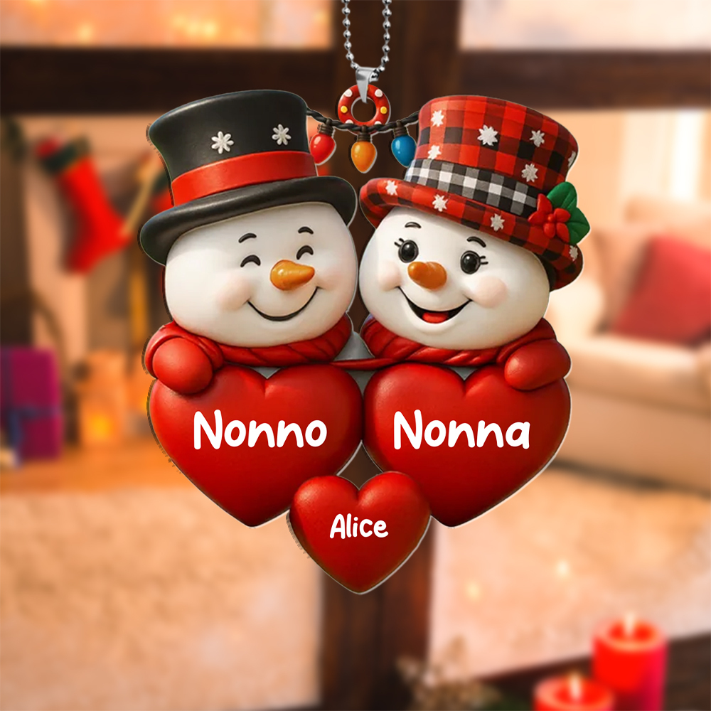 Decorazione per l'albero di Natale con pupazzi di neve personalizzata con i nomi della famiglia