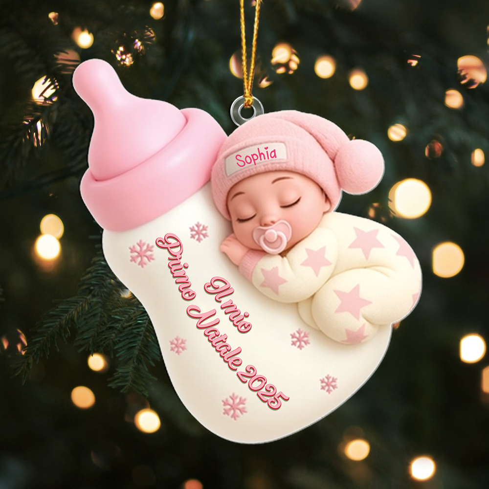 Decorazione per albero di Natale con neonato che dorme con il biberon, regalo per il primo Natale del bebè