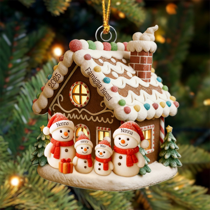Addobbo per albero di Natale personalizzabile con casa di pan di zenzero e famiglia di pupazzi di neve – fino a 1–6 nomi