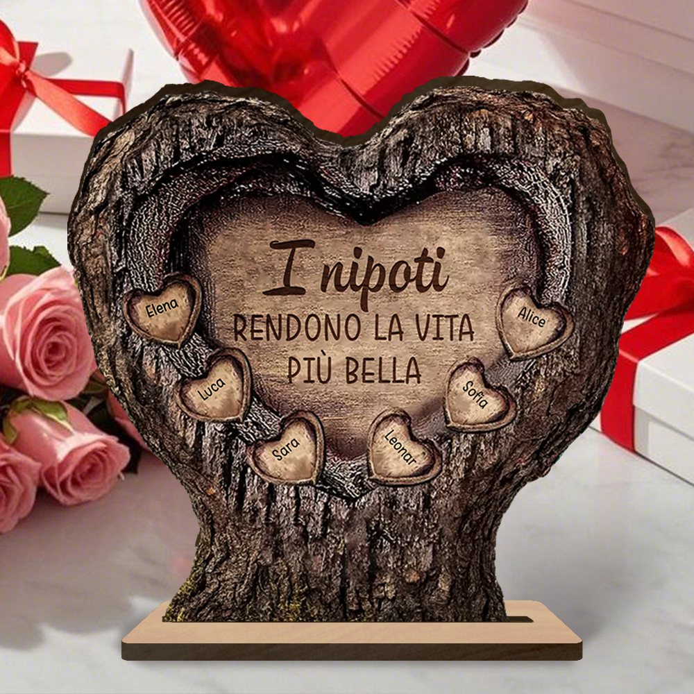 Targa in legno personalizzata a forma di cuore-tronco con i nomi dei nipoti, regalo per Nonno e Nonna