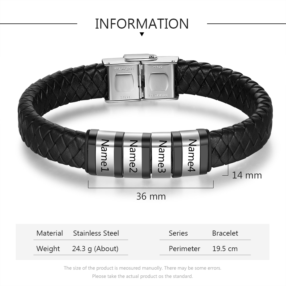 Braccialetto in pelle intrecciata Bracciale maschile con 4 perline e 4 nomi personalizzati