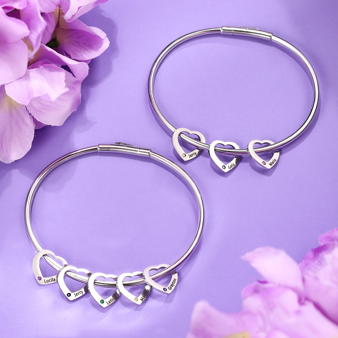 5 Names-Personalized Heart Bracelet With 5 Birthstones Bangle Engraved Names Bracelet Gift For Women