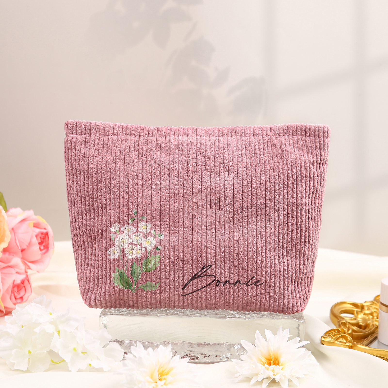 Borsa portabile per cosmetici in velluto a coste per donna 1 nome e 1 fiore di nascita personalizzato multicolori da scegliere