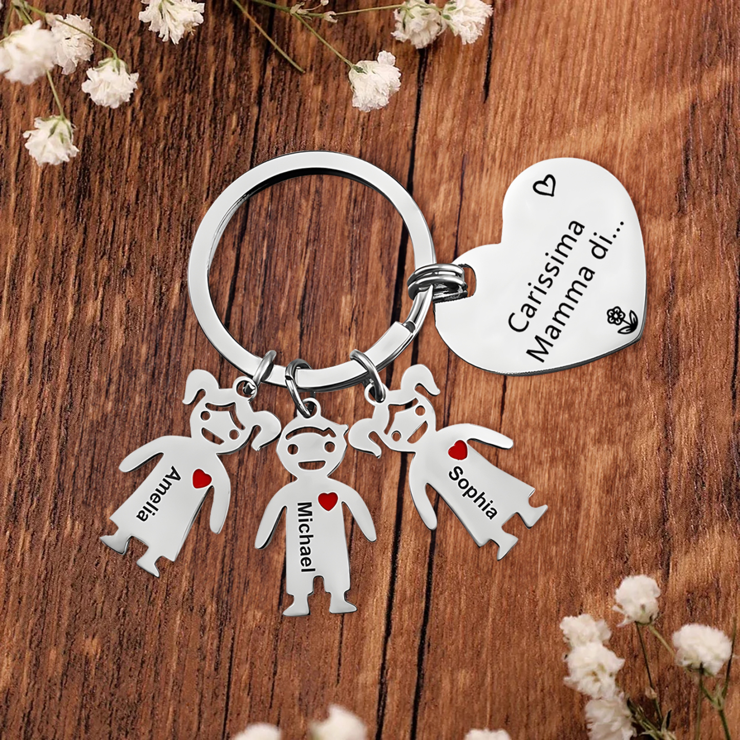 Festa della Mamma Carissima mamma di-Portachiavi a cuore con 3 ciondolo bambino 3 nomi personalizzato regalo per mamma
