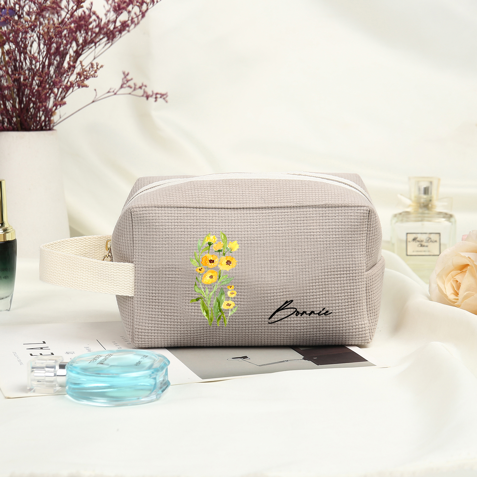Borsa portabile per cosmetici in velluto a coste 1 nome e 1 fiore di nascita personalizzato multicolori da scegliere