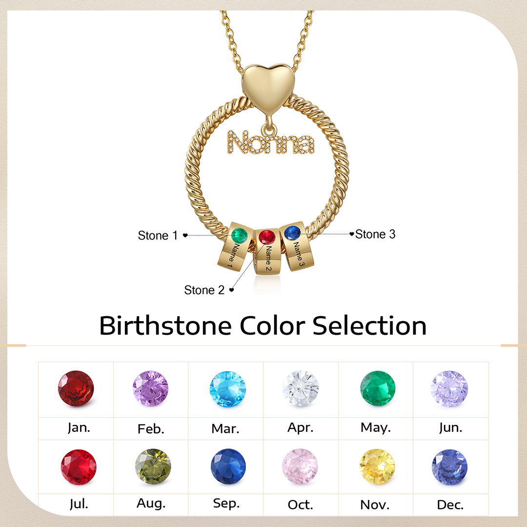 Collana con ciondolo nonna 3 nomi incisioni e pietre di nascita personalizzate