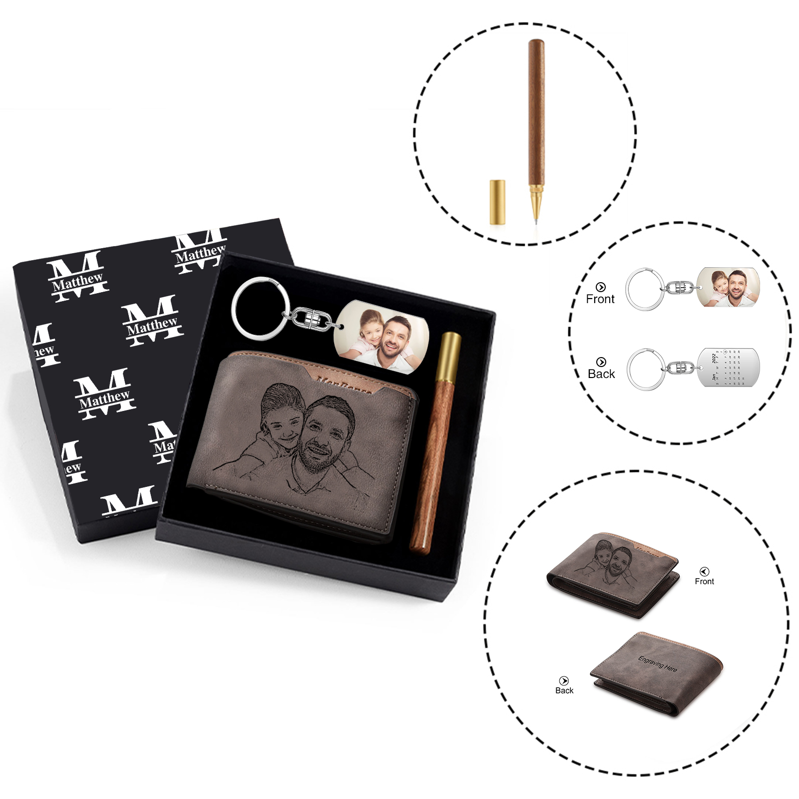 Personalized Leather Wallet Gift Box Set with Keychain Customizable Photo,Text ,Name and Date Wallet Gift for Him