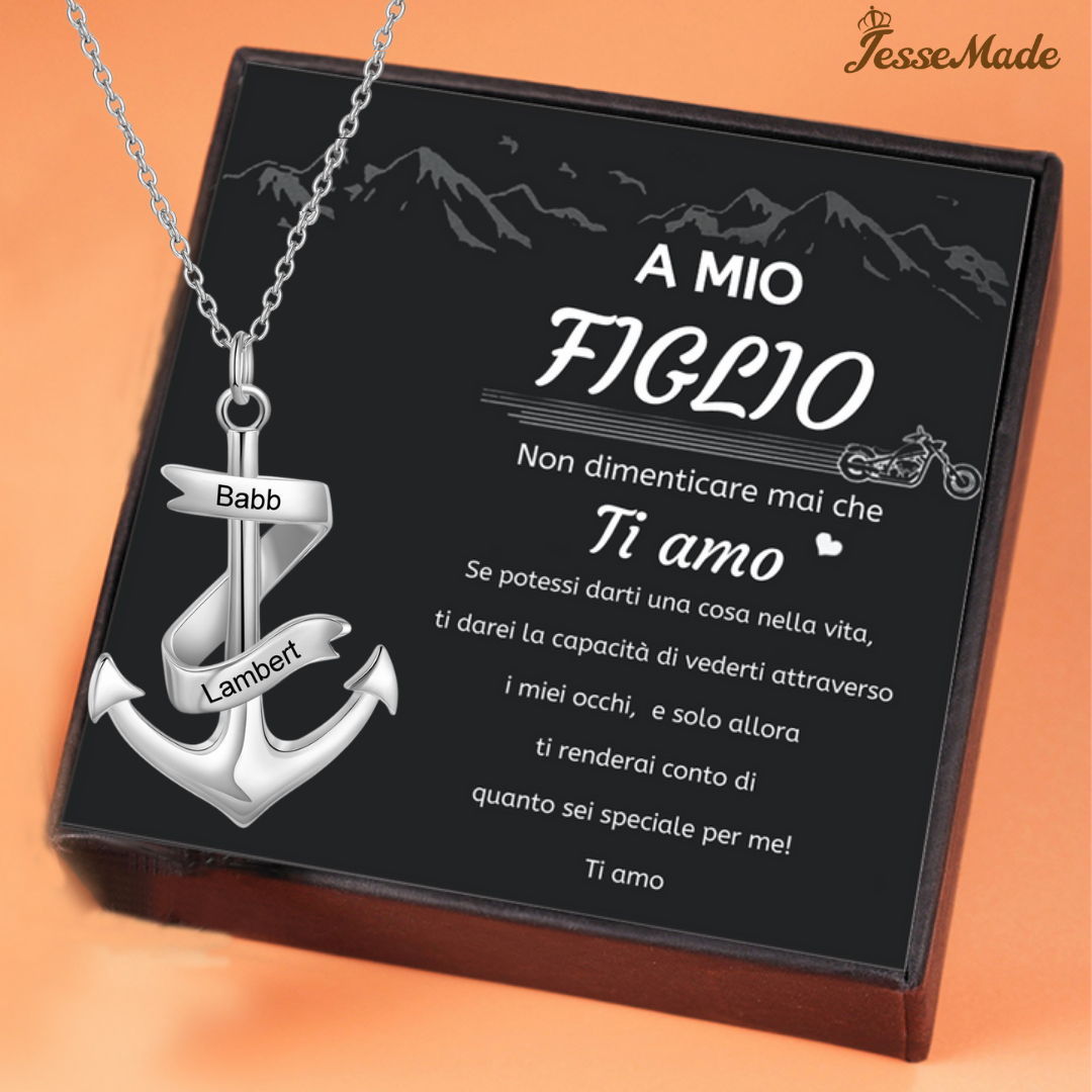 A MIO FIGLIO - Collana ancora nautica Ciondolo ancora pirata con 2 nomi personalizzati | Jessemade