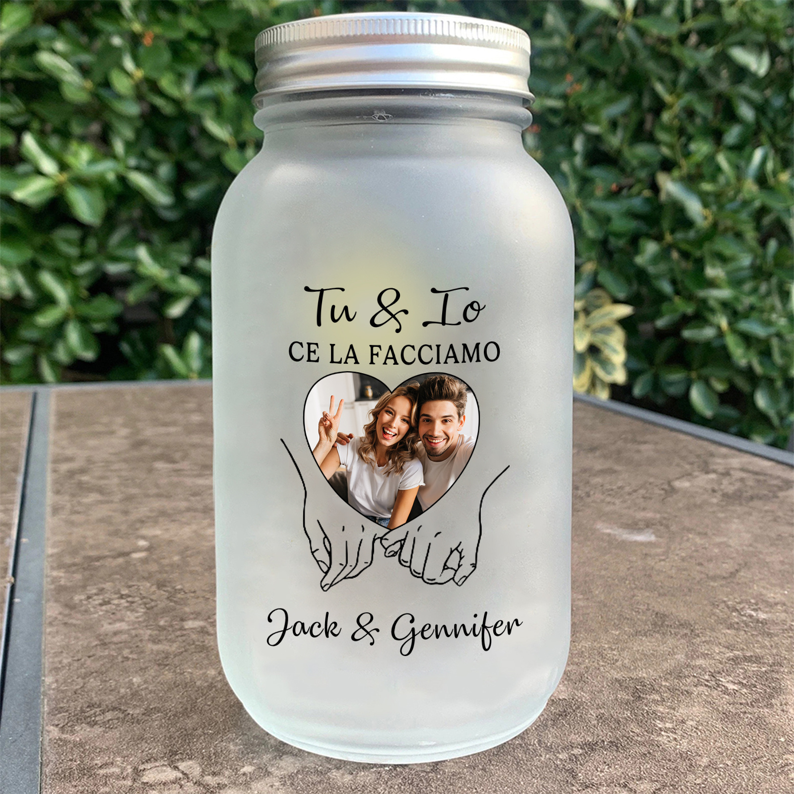 Barattolo solare a LED personalizzabile con foto, bottiglia luminosa per coppia