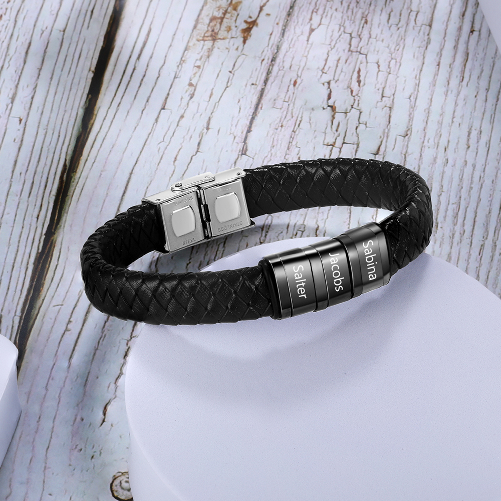 Braccialetto in pelle intrecciata Bracciale maschile con 3 perline e 3 nomi personalizzati