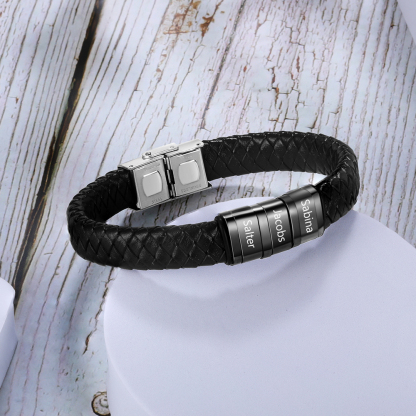 Braccialetto in pelle intrecciata Bracciale maschile con 3 perline e 3 nomi personalizzati