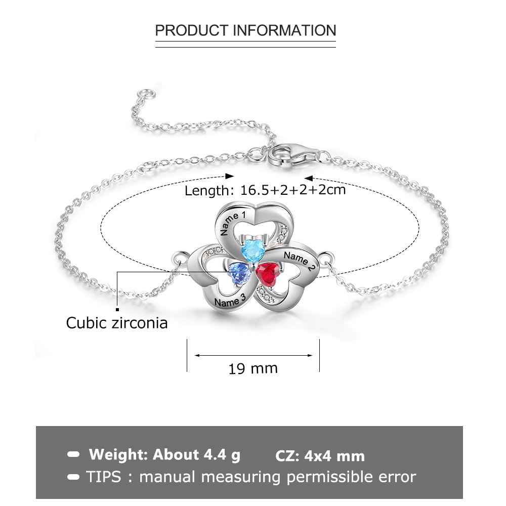 Festa della Mamma Bracciale in argento 925 con 3 nomi personalizzati e 3 pietre di nascita