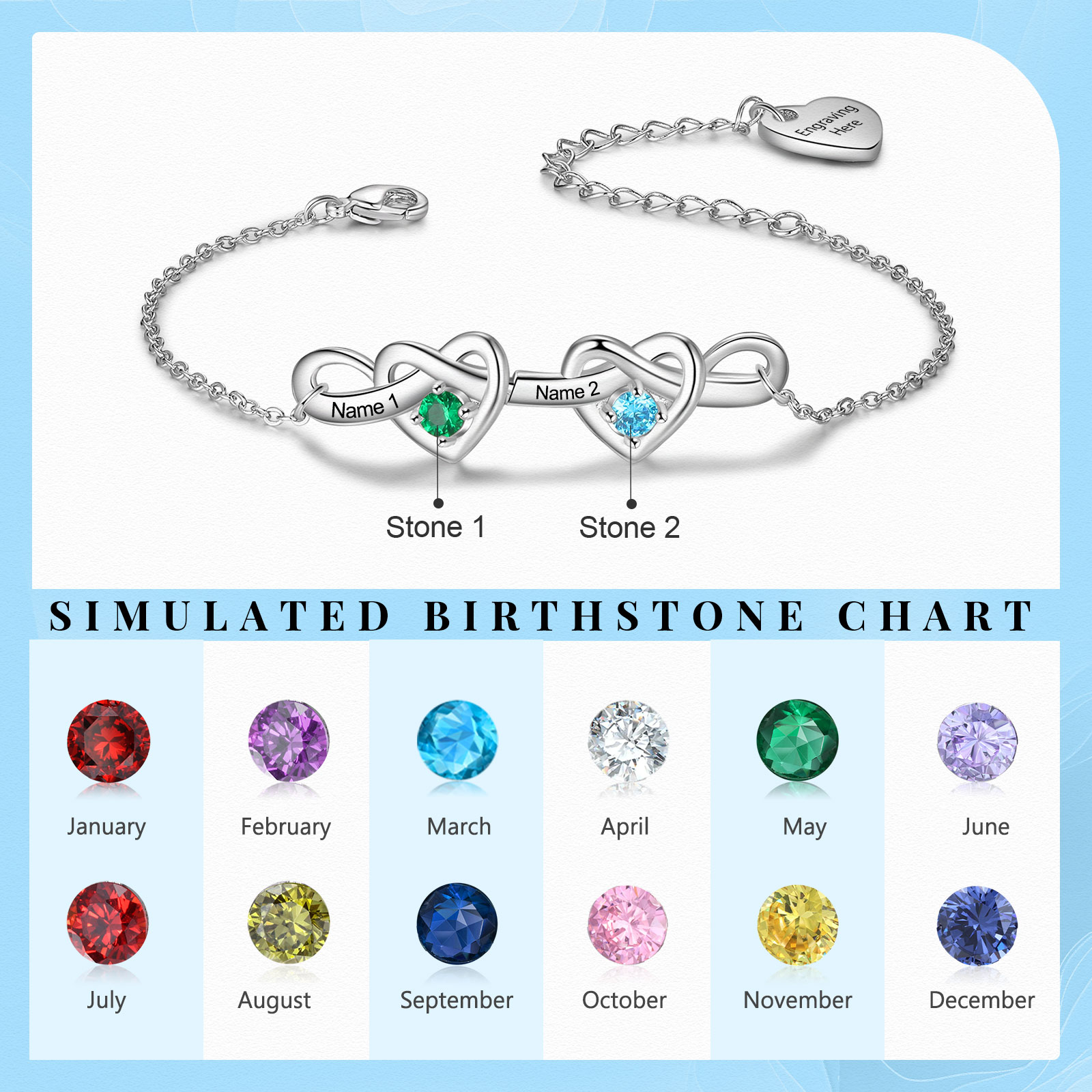 Personalised Women’s Birthstone Bracelet – Customised with 2 Names, 2 Birthstones & Engraved Text, Heart & Infinity Design – Valentine’s Day Gift for Her | Jessemade