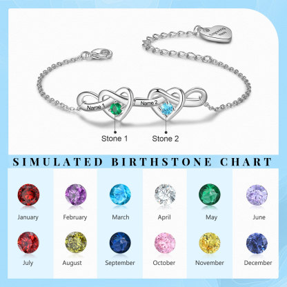 Personalised Women’s Birthstone Bracelet – Customised with 2 Names, 2 Birthstones & Engraved Text, Heart & Infinity Design – Valentine’s Day Gift for Her | Jessemade