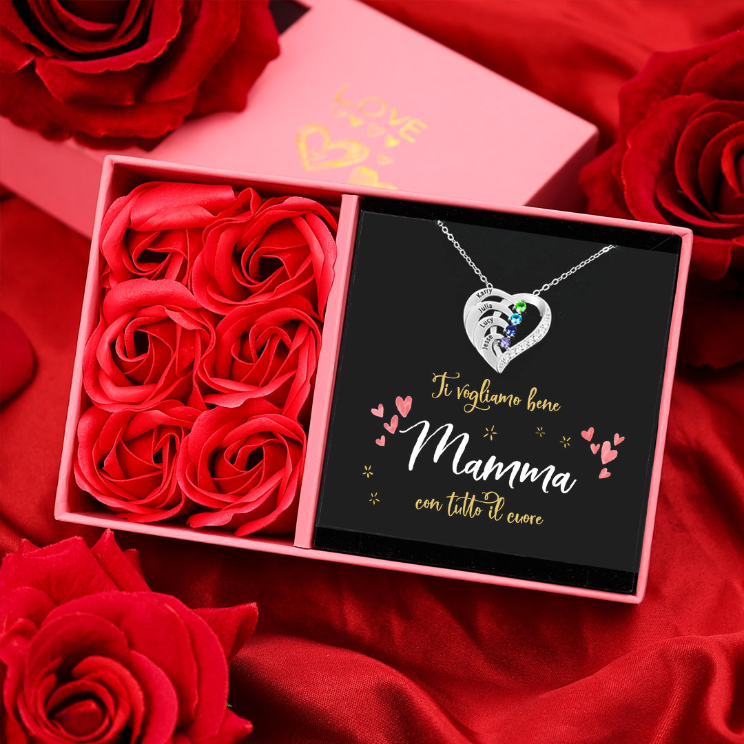 Argento S925 Collana con 3 nomi personalizzati e 3 pietre di nascita in ciondolo a cuore