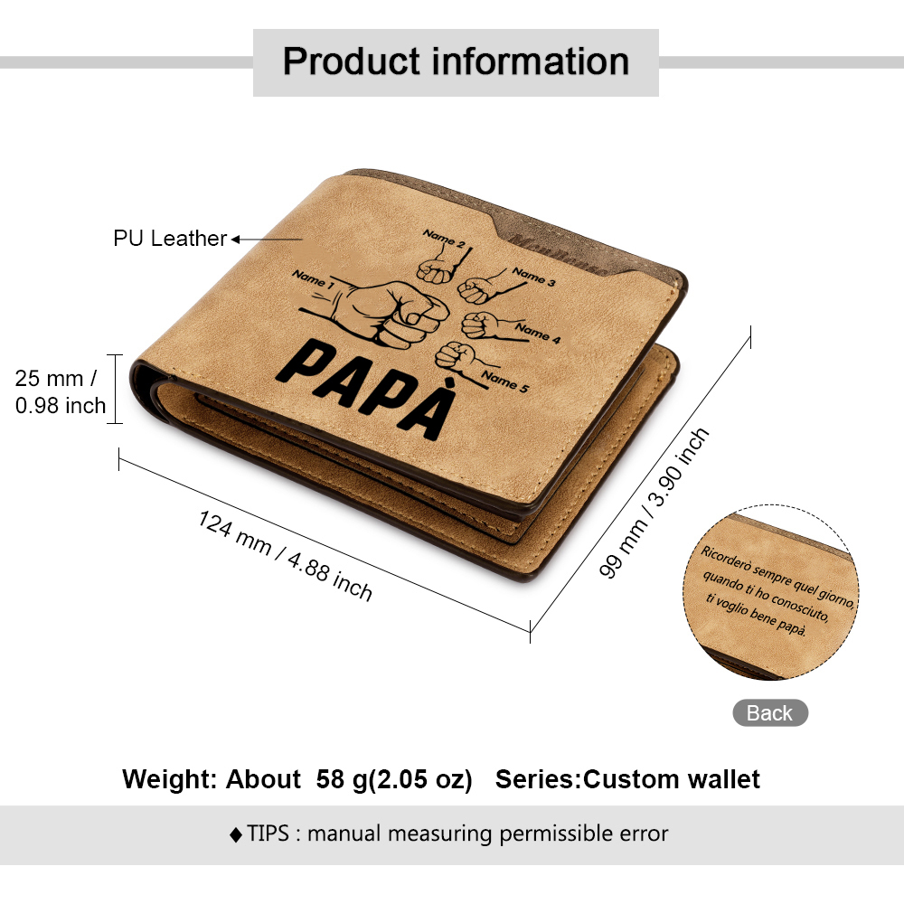 Portafoglio Pelle PU pelle pugno mano regalo per papà personalizzato 5 nomi 1 testo e 1 foto