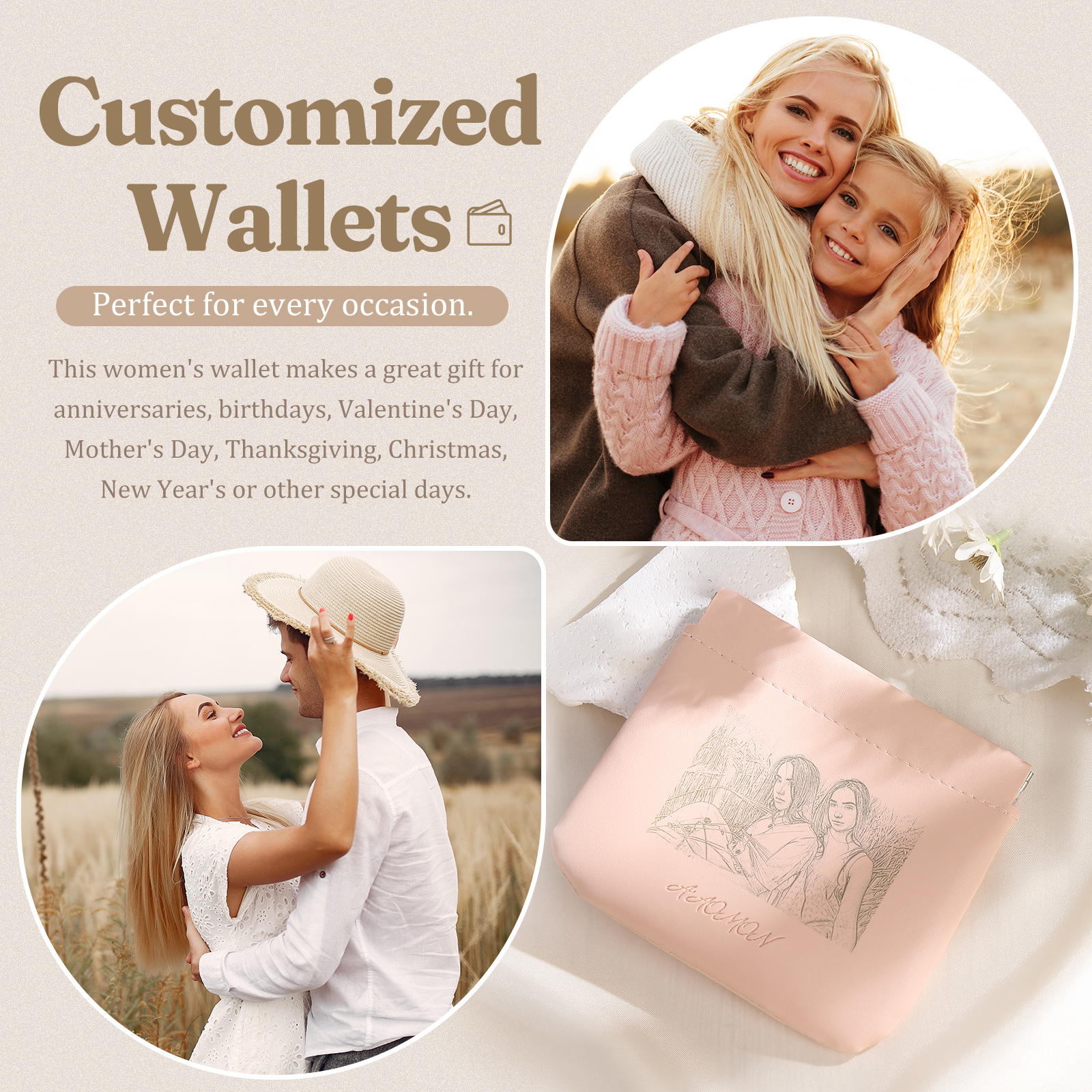Portamonete in PU pelle con 1 foto personalizzata per donna