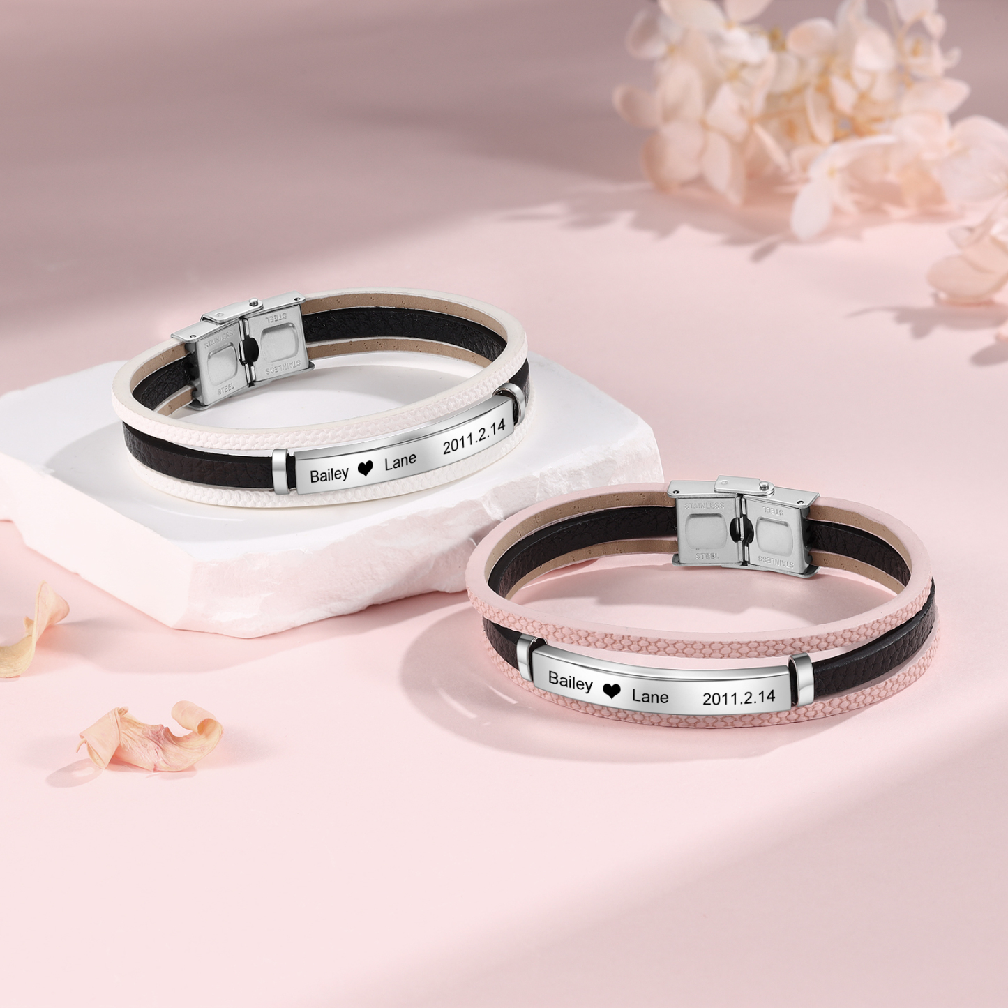 Coppia di Braccialetto rosa e bianco con 2 nomi e 1 data personalizzbili