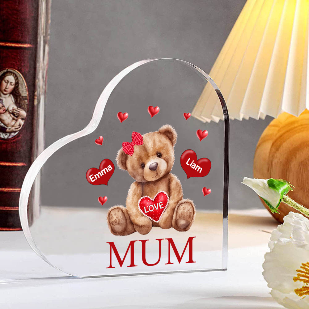 MAMMA Decorazione acrilica con orsacchiotto a forma di cuore 2 nomi e 2 testi personalizzati per mamma/nonna