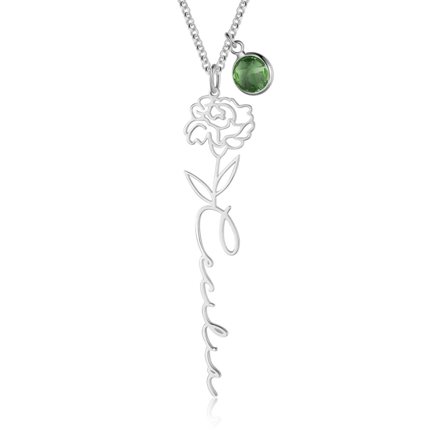 Collana 925 Argento Fiore elegante con 1 pietra di nascita e 1 nome e 1 fiore di nascita personalizzabili per donna