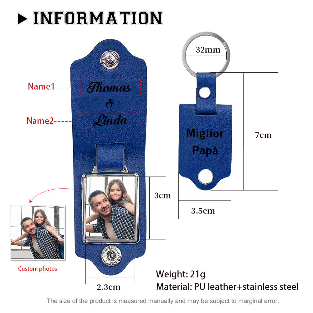 Portachiavi Pelle 1 foto e 2 nomi personalizzabili regalo per Papà