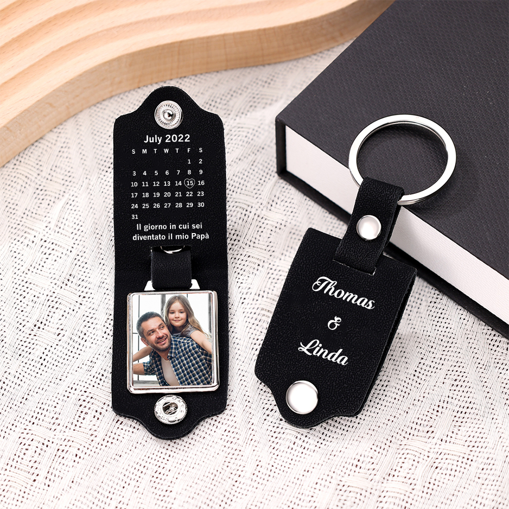 Portachiavi Pelle 1 foto e 1 data e 2 nomi personalizzabili regalo per Papà