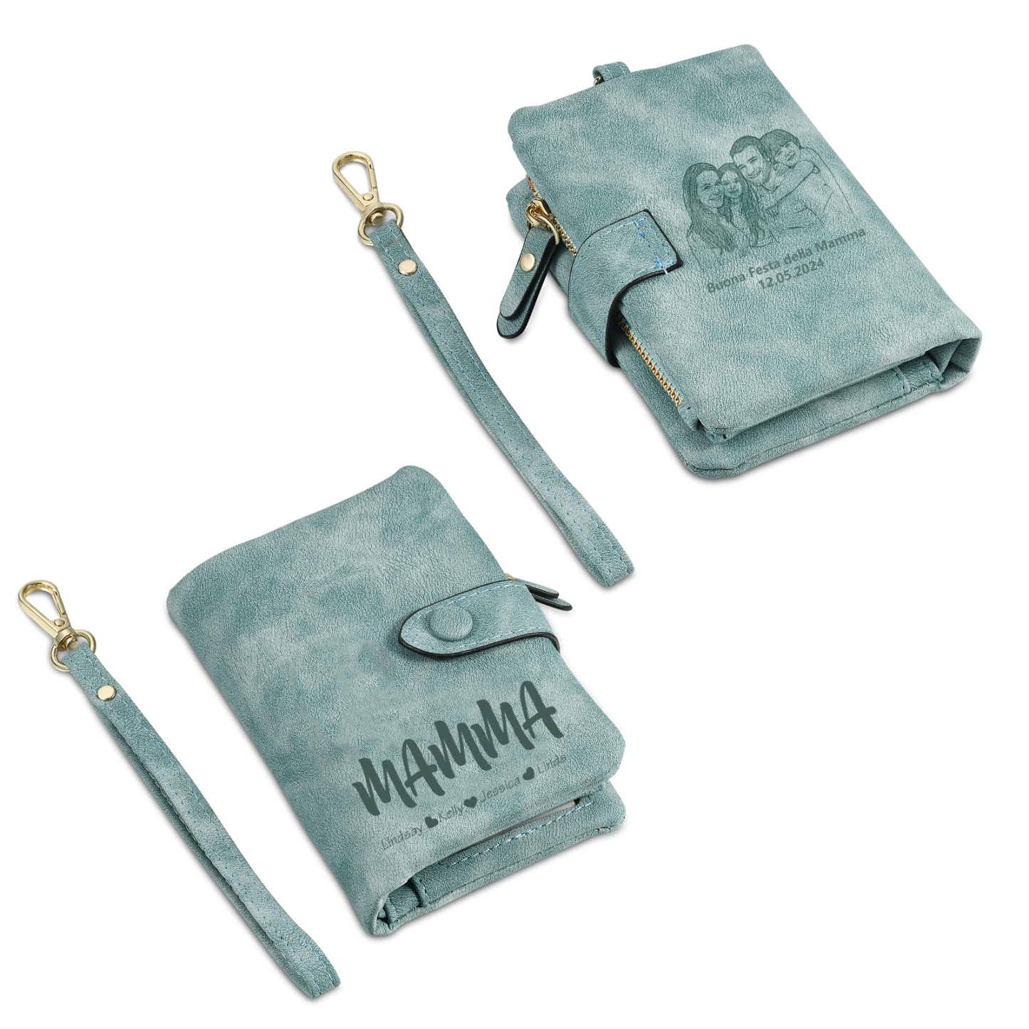 Portafoglio in PU pelle con 5 nomi & 2 testi & 1 foto personalizzati per mamma