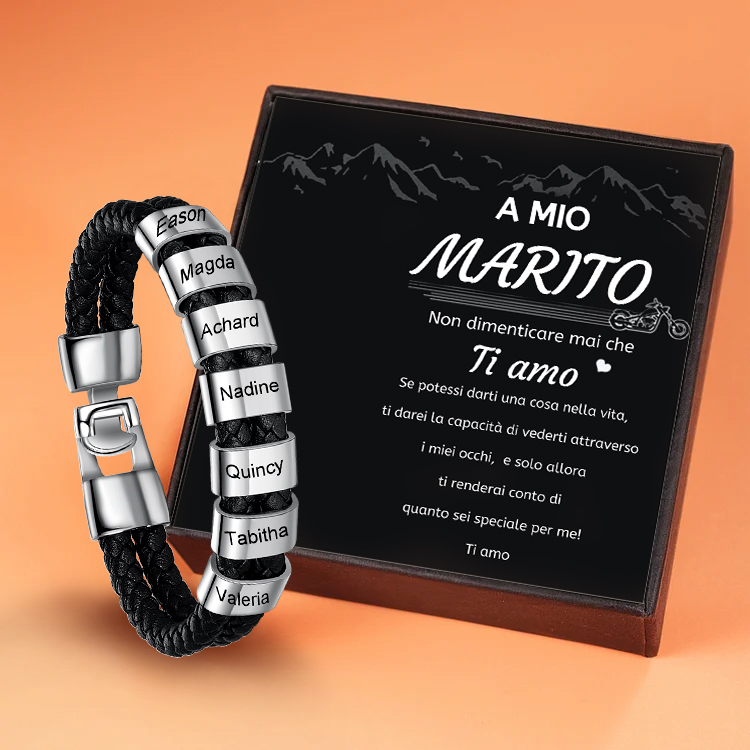 Braccialetto maschile in pelle con 7 nomi personalizzati