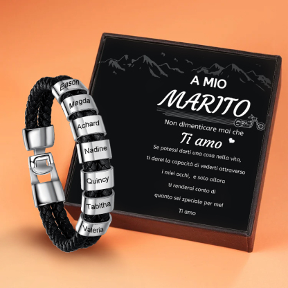 Braccialetto maschile in pelle con 7 nomi personalizzati